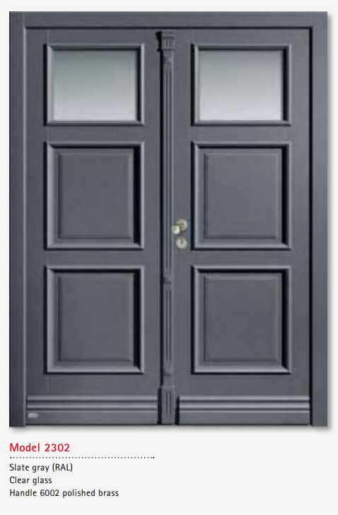 UNILUX Model 2302 Slate Gray Door, Clear Glass, Polished Brass Handle, High Security, Modern Timber Entry Door